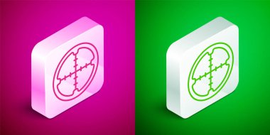 Isometric line Sniper optical sight icon isolated on pink and green background. Sniper scope crosshairs. Silver square button. Vector.