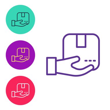 Karton kutular simgesi beyaz arkaplanda izole edilmiş çizgi teslimat elini ayarlayın. Kuryeyle kapı kapı dolaşacağız. Simgeleri renklendirin. Vektör.