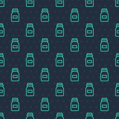 Bal simgesinin yeşil çizgi kavanozu mavi arkaplandaki pürüzsüz deseni izole etti. Yiyecek bankası. Tatlı doğal gıda sembolü. Vektör.