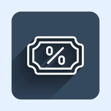 Beyaz çizgi İndirim etiketi simgesi uzun gölge arkaplanı ile izole edildi. Etiket alışverişi. Özel teklif işareti. İndirim kuponları sembolü. Mavi kare düğme. Vektör.