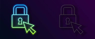 Parlayan neon çizgi simgesi siyah arkaplanda izole edildi. Asma kilit işareti. Güvenlik, güvenlik, koruma, gizlilik kavramı. Vektör.