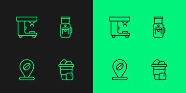 Soya kahve makinesi ve elektrikli öğütücü ikonuyla buzlu kahve yeri ayarla. Vektör.