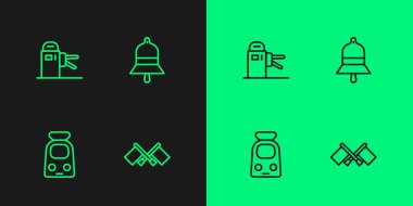 Bayrak Treni, Turnstile treni ve istasyon çan ikonu hattını ayarlayın. Vektör.