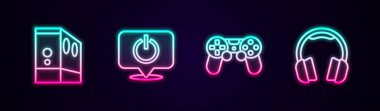 Satır Kutusunu ayarla Bilgisayar Güç Düğmesi Oyun denetleyici veya joystick ve Kulaklıklar. Parlayan neon ikonu. Vektör.