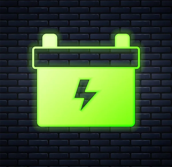 Icona Luminosa Neon Auto Batteria Isolato Sfondo Muro Mattoni Accumulatore — Vettoriale Stock