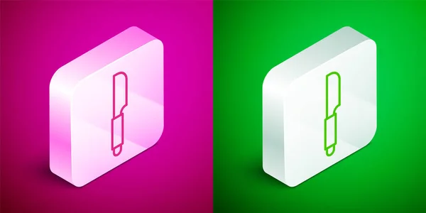在粉色和绿色背景上隔离的等距线刀具图标 餐具的象征 银方按钮 — 图库矢量图片