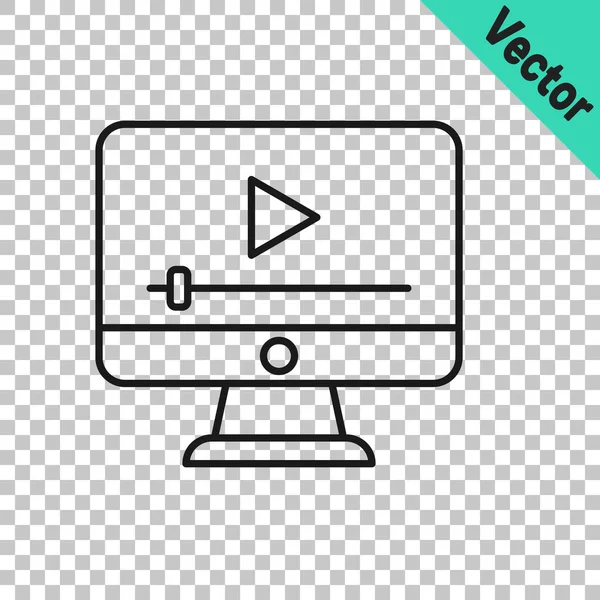 Black Line Online Play Video Icon Isolated Transparent Background Film — Stock Vector