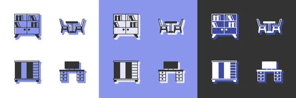 Set Bureau Bibliothèque Bibliothèque Étagère Armoire Table Avec Icône Chaise — Image vectorielle