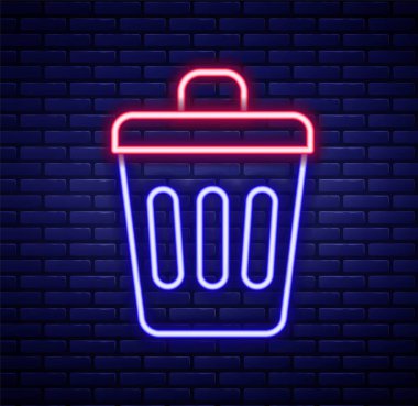 Parlayan neon hattı çöp kutusu simgesi tuğla duvar arka planında izole edildi. Çöp kutusu tabelası. Sepet simgesini geri dönüştür. Ofis çöpü ikonu. Renkli taslak konsepti. Vektör.