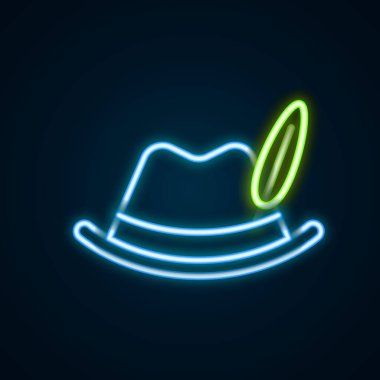 Parlayan neon hattı Oktoberfest şapka simgesi siyah arkaplanda izole edildi. Tüylü avcı şapkası. Alman şapkası. Renkli taslak konsepti. Vektör.