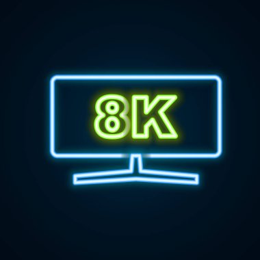 Parlayan neon hattı bilgisayar monitörü simgesi siyah arkaplanda izole edildi. Bilgisayar bileşeni işareti. Renkli taslak konsepti. Vektör.