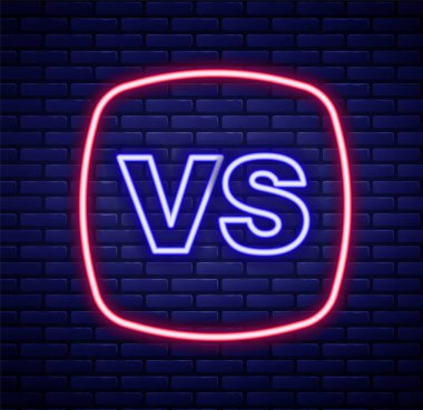 Parlayan neon hattı vs Savaş ikonuna karşı tuğla duvar arka planında izole edilmiş. Yarışma maça karşı, savaş spora karşı. Renkli taslak konsepti. Vektör.