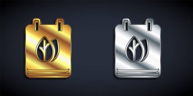 Sonbahar yaprakları simgesi siyah arkaplanda izole edilmiş altın ve gümüş takvim. Uzun gölge tarzı. Vektör