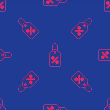 Kırmızı İndirim% simgesi mavi arka planda izole edilmiş kusursuz desen. Etiket alışverişi. Özel teklif işareti. İndirim kuponları sembolü. Vektör.