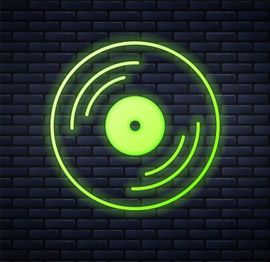 Parlayan neon plastik disk simgesi tuğla duvar arka planında izole edildi. Vektör.