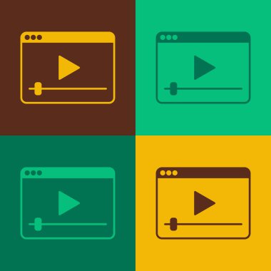 Pop art Online video oynatma simgesi renk arkaplanında izole edildi. Oyun işaretli film şeridi. Vektör.