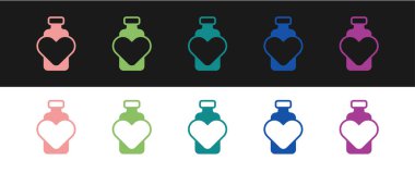 Siyah ve beyaz arka planda izole edilmiş aşk ikonu ikonu ile şişe ayarla. Sevgililer Günü sembolü. Vektör.