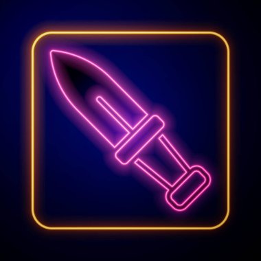 Parlayan neon hançer simgesi siyah arkaplanda izole edildi. Bıçak ikonu. Keskin bıçaklı kılıç. Vektör.