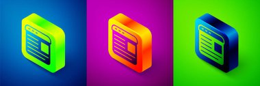 Isometric Advertising icon isolated on blue, purple and green background. Concept of marketing and promotion process. Responsive ads. Social media advertising. Square button. Vector.