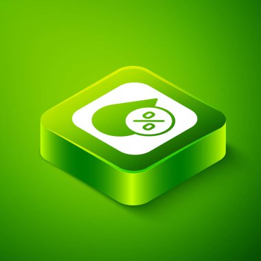 Isometric Water damla yüzdesi simgesi yeşil arkaplanda izole edildi. Nem analizi. Yeşil kare düğmesi. Vektör.