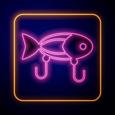 Parlayan neon balıkçılığı yem simgesi siyah arkaplanda izole edildi. Balık oltası. Vektör.
