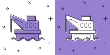 Deniz ikonundaki petrol platformunu beyaz ve mor arkaplandan izole et. Denizde sondaj kulesi. Petrol platformu, doğalgaz, deniz aşırı sanayi. Vektör.