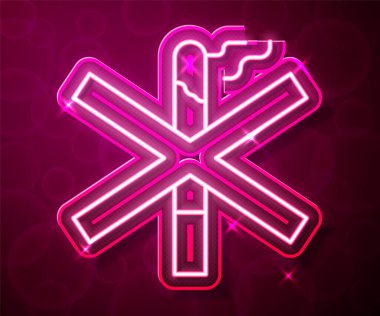 Parlayan neon hattı. Kırmızı arkaplanda sigara içilmeyen simge. Sigara içmek yasaktır işareti. Vektör