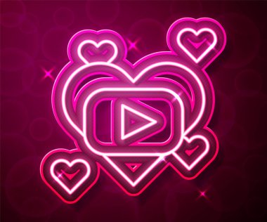 Parlayan neon hattı romantik film ikonu kırmızı arkaplanda izole edildi. Aşk filmi. Vektör.