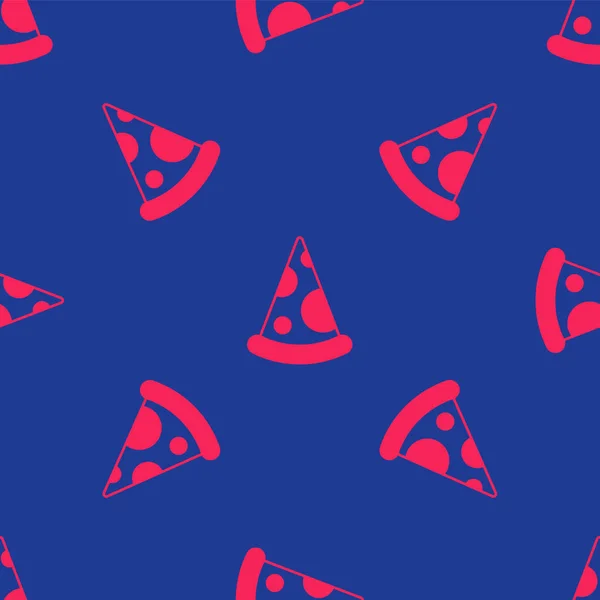 Красный Ломтик Иконки Пиццы Изолированный Бесшовный Узор Синем Фоне Меню — стоковый вектор