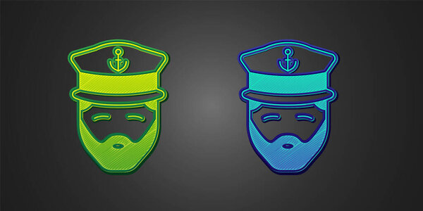 Green and blue Captain of ship icon isolated on black background. Travel tourism nautical transport. Voyage passenger ship, cruise liner. Vector.