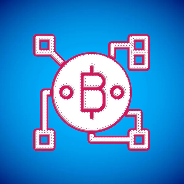 Beyaz Blockchain Teknolojisi Bitcoin Simgesi Mavi Arka Planda Izole Edildi — Stok Vektör