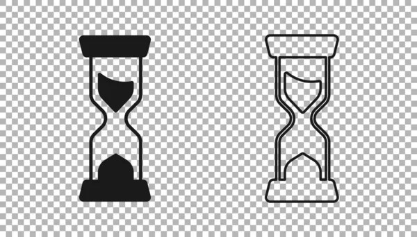 透明な背景に流れる砂のアイコンと黒の古い砂時計 砂時計の看板 ビジネスと時間管理の概念 ベクトル — ストックベクタ