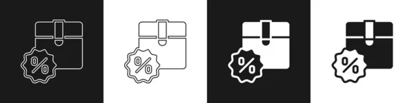 Set Carton Cardboard Box Discount Percent Tag Icon Isolated Black — стоковый вектор