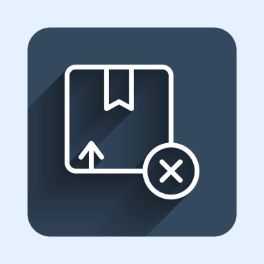 Beyaz çizgi karton kutu simgesi uzun gölge arkaplan izole. Kutu, paket, paket işareti. Teslimat ve ambalaj. Mavi kare düğme. Vektör.