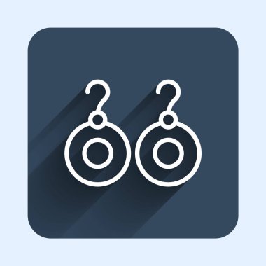 Beyaz çizgili Küpe simgesi uzun gölge arkaplanı ile izole edilmiş. Mücevher aksesuarları. Mavi kare düğme. Vektör.