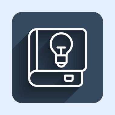 Beyaz çizgi Kullanıcı elle simgesi uzun gölge arkaplanı ile izole edildi. Kullanıcı rehberi kitabı. Talimat işareti. Kullanmadan önce oku. Mavi kare düğme. Vektör.