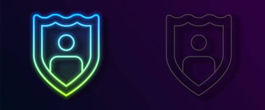 Siyah arka planda izole edilmiş kalkan ikonu ile parlayan neon hattı hayat sigortası. Güvenlik, güvenlik, koruma, konsept koruma. Vektör.