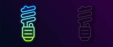 Parlayan neon hattı LED ampul simgesi siyah arkaplanda izole edildi. Ekonomik LED ışıklı ampul. Enerji lambasını sakla. Vektör.