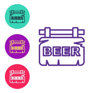 Beyaz arkaplanda bira simgesi izole edilmiş çizgi sokak tabelasını ayarlayın. Reklamlar için uygun bar, kafe, bar, restoran. Simgeleri renklendirin. Vektör.