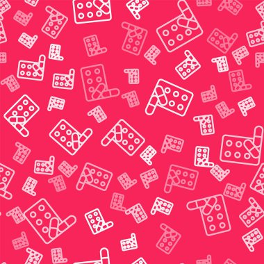 Beyaz çizgi spor doping, anabolik ilaçlar ve dambıl ikonu kırmızı arka planda izole edilmiş kusursuz desen. Anabolik steroid tableti. Haplar kavanozda. Vektör.