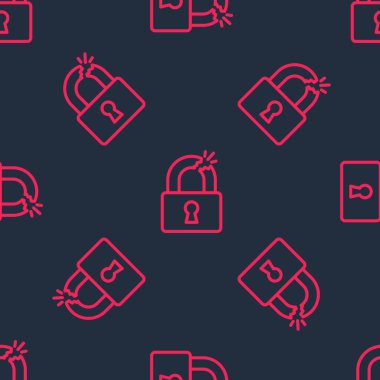 Kırmızı çizgi kırılmış kilit simgesi siyah arkaplanda izole edilmiş. Kilidi aç işareti. Vektör