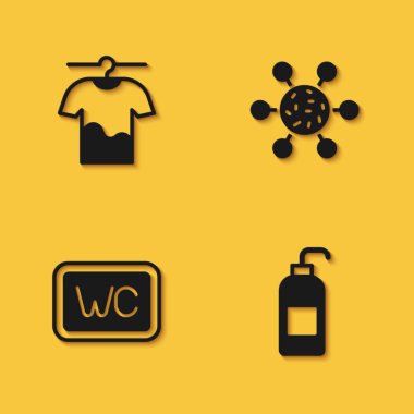 Kurutma giysilerini antibakteriyel sabun tuvalet ve uzun gölgeli bakteri simgesini ayarla. Vektör.