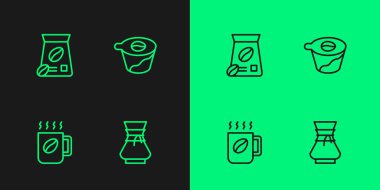 Kahve makinesinin üzerine kahve fincanı fasulyesi ve ikon dök. Vektör.