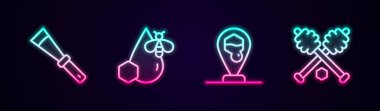 Sıralı arıcılık bıçağı, bal peteği, bal peteği arısı konumu ve dipper çubuğu. Parlayan neon ikonu. Vektör