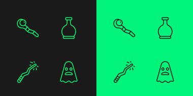 Hayalet sihirli değnek ve iksir ikonu ile şişe hattı ayarlayın. Vektör.