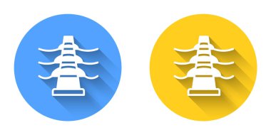 Beyaz Elektrik Kulesi uzun gölge arkaplan izole edilmiş bir güç hattı ikonunu desteklemek için kullanılır. Yüksek voltajlı elektrik direği hattı. Çember düğmesi. Vektör