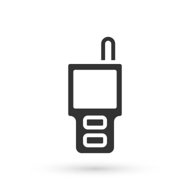 Beyaz arkaplanda izole edilmiş gri telsiz ikonu. Taşınabilir radyo vericisi simgesi. Radyo alıcı-vericisi işareti. Vektör