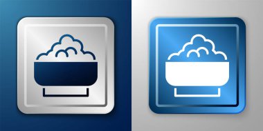 Mavi ve gri arka planda izole edilmiş bir kase ikonunda beyaz pirinç. Geleneksel Asya yemekleri. Gümüş ve mavi kare düğme. Vektör