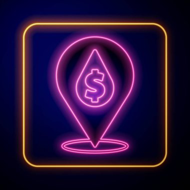 Glowing neon Oil drop with dollar symbol icon isolated on black background. Oil price. Oil and petroleum industry.  Vector