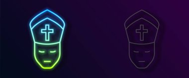 Parlayan neon hattı Pope simgesi siyah arkaplanda izole edildi. Papa şapkası. Kutsal Babamız. Vektör